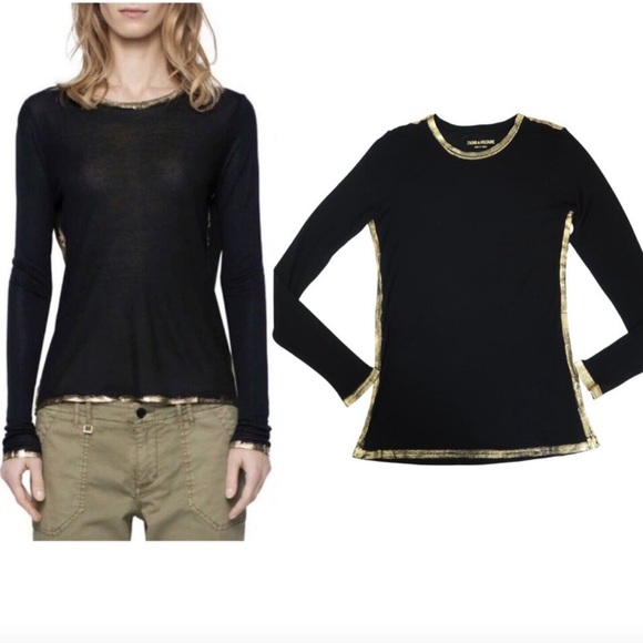 Zadig & Voltaire Willy Gold Long Sleeve Top in Black Size S - Picture 1 of 3